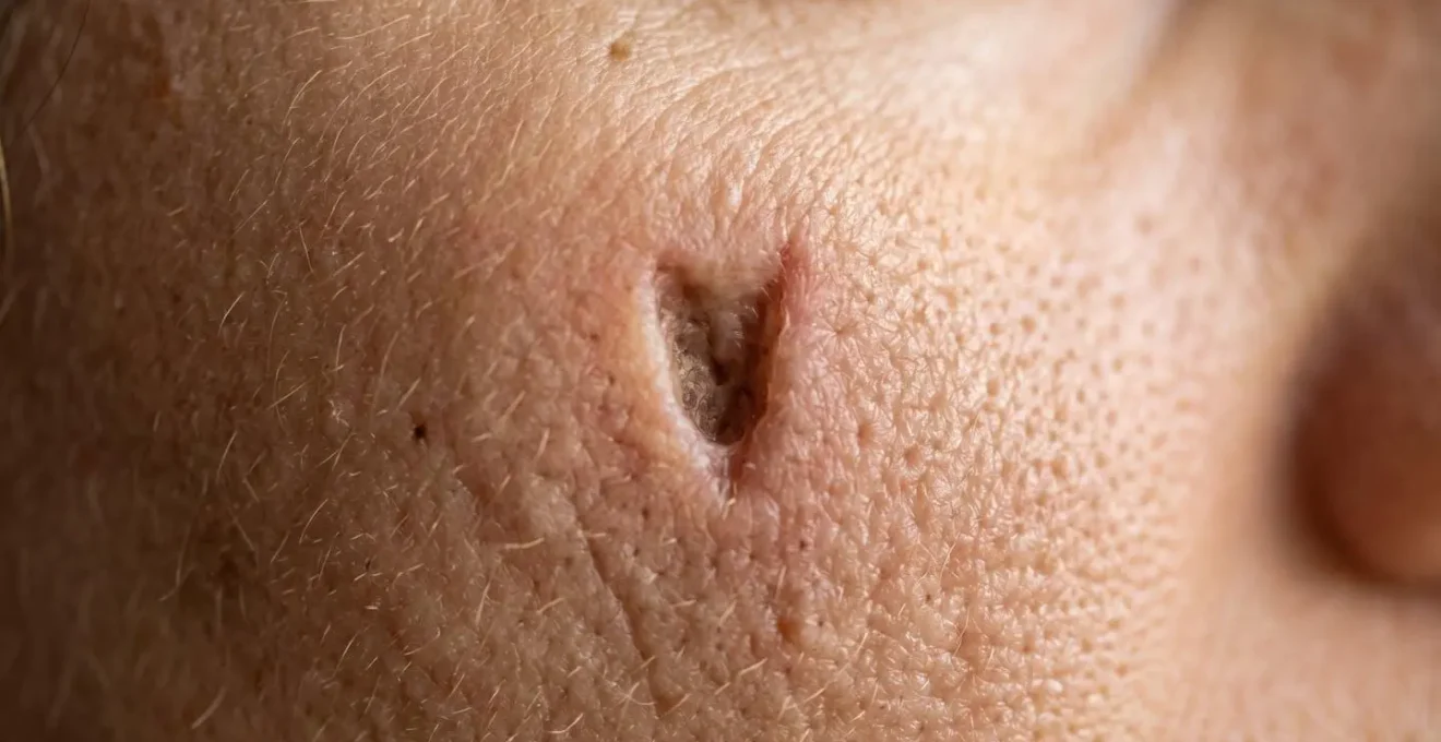 Vue détaillée de la structure cutanée montrant une cicatrice en creux sur une peau saine, illustration médicale réaliste