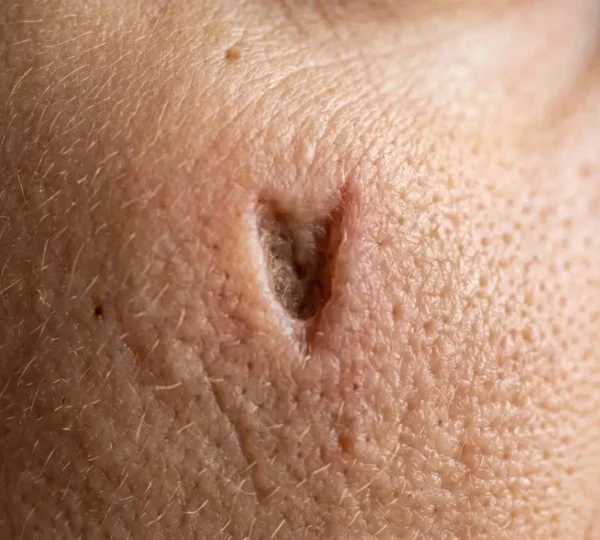 Vue détaillée de la structure cutanée montrant une cicatrice en creux sur une peau saine, illustration médicale réaliste