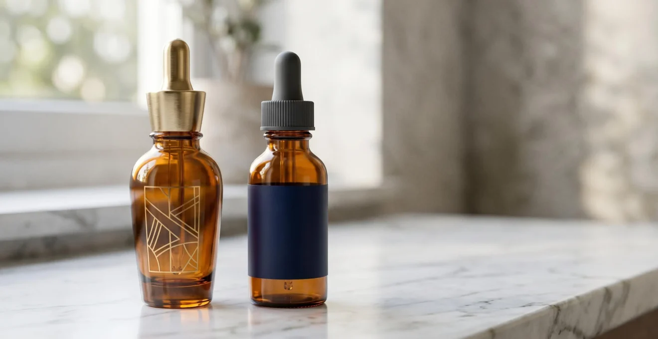 Sérums cosmétiques dans un environnement minimaliste illustrant l'efficacité dermatologique