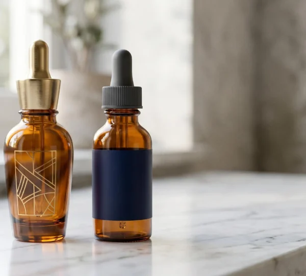 Sérums cosmétiques dans un environnement minimaliste illustrant l'efficacité dermatologique
