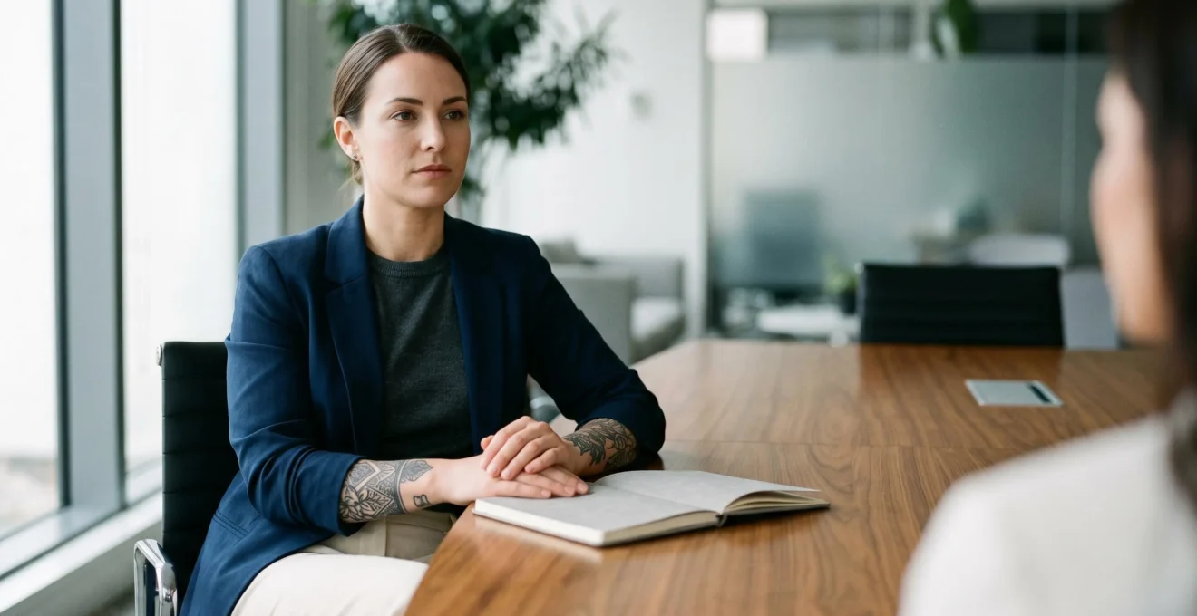 Personne tatouée en tenue professionnelle lors d'un entretien d'embauche