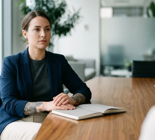 Personne tatouée en tenue professionnelle lors d'un entretien d'embauche