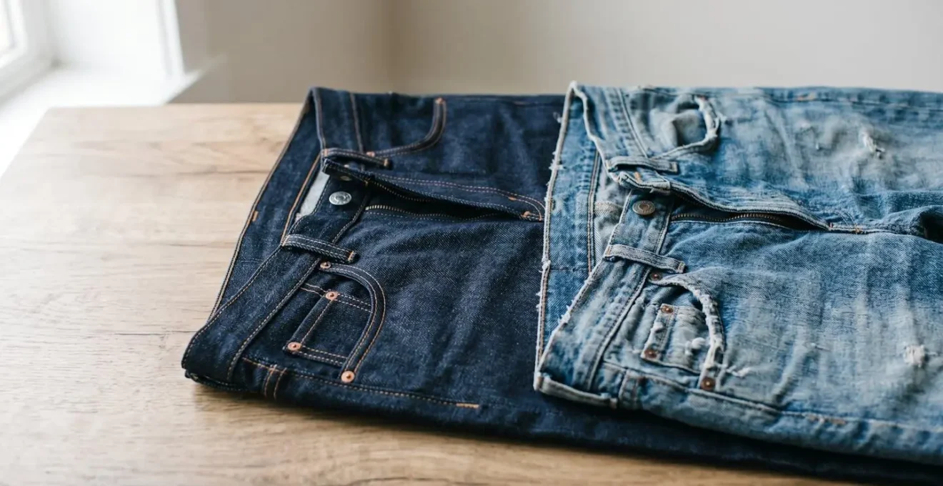 Comparaison visuelle entre un jean de qualité et un jean de fast-fashion illustrant la durabilité et l'investissement intelligent