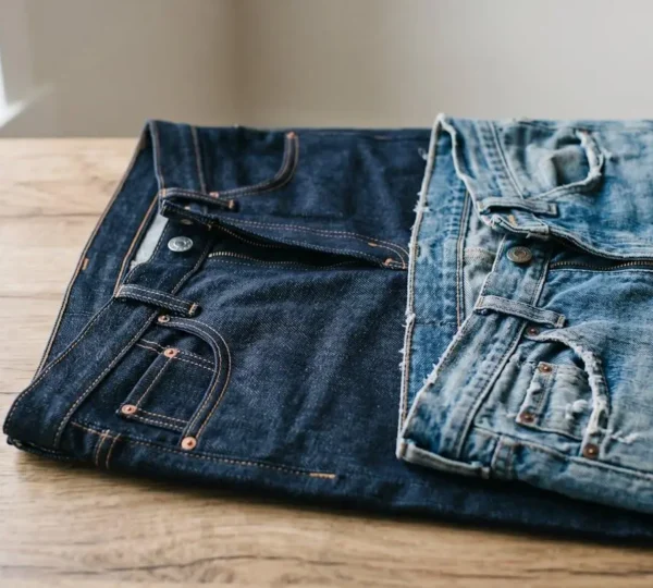Comparaison visuelle entre un jean de qualité et un jean de fast-fashion illustrant la durabilité et l'investissement intelligent