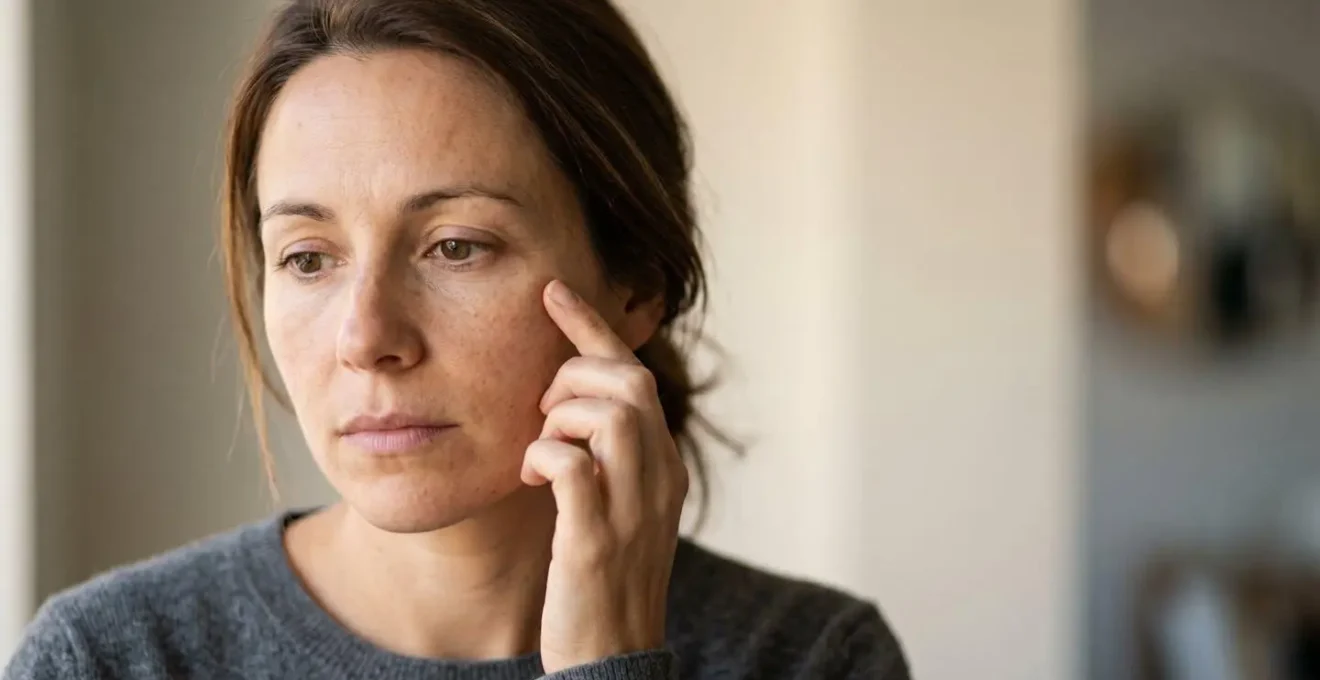 Femme touchant délicatement son visage présentant des variations subtiles de pigmentation cutanée en lumière naturelle douce