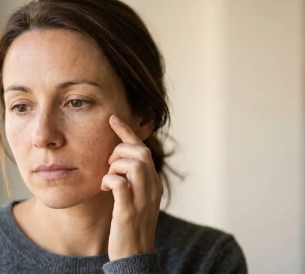 Femme touchant délicatement son visage présentant des variations subtiles de pigmentation cutanée en lumière naturelle douce