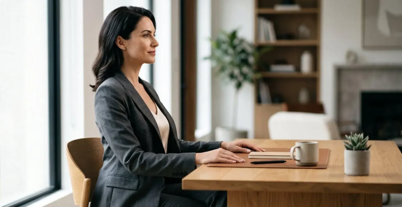 Personne au bureau adoptant une posture élégante et redressée face à son ordinateur