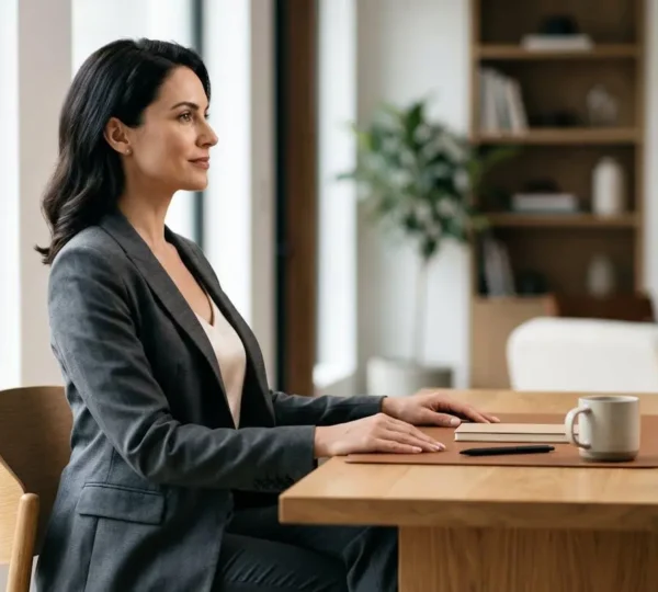 Personne au bureau adoptant une posture élégante et redressée face à son ordinateur