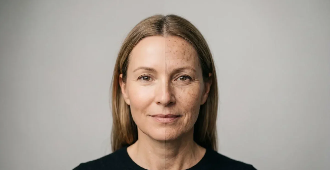 Visage féminin séparé en deux moitiés montrant les effets du vieillissement solaire et cutané