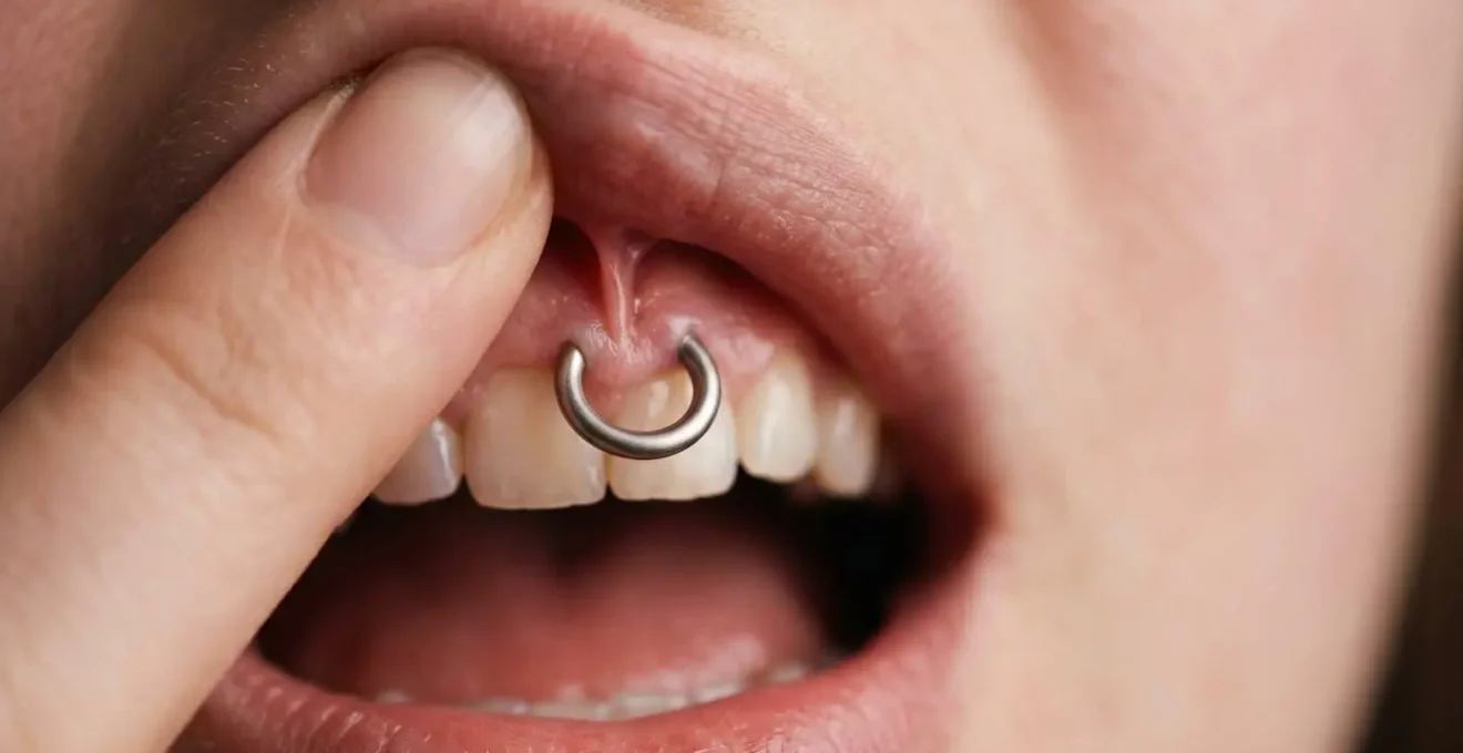 Gros plan sur une lèvre supérieure soulevée révélant un piercing smiley, montrant l'anatomie du frein labial et la zone de contact avec les gencives, dans un style photographique médical