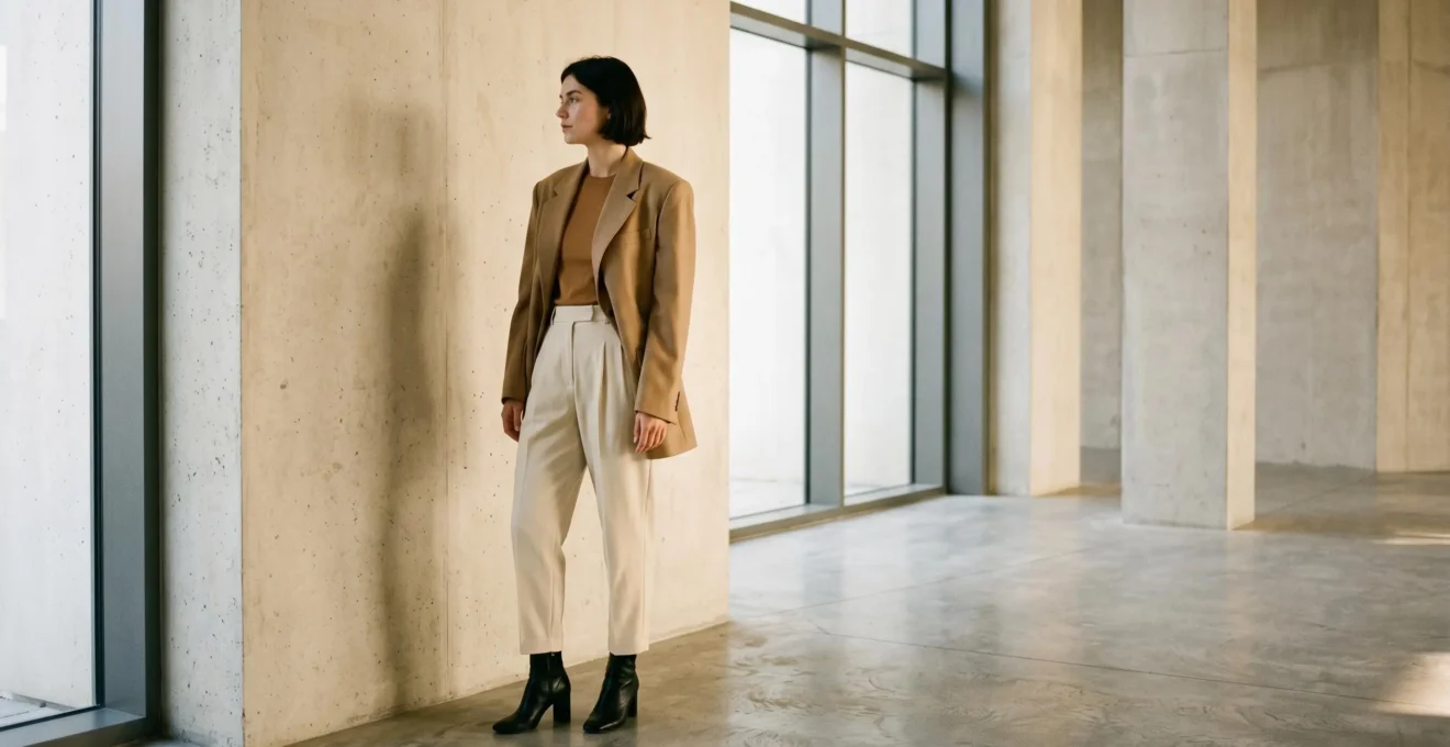 Femme de petite taille portant une tenue oversize élégante et équilibrée