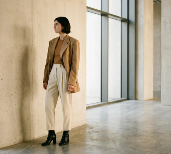 Femme de petite taille portant une tenue oversize élégante et équilibrée