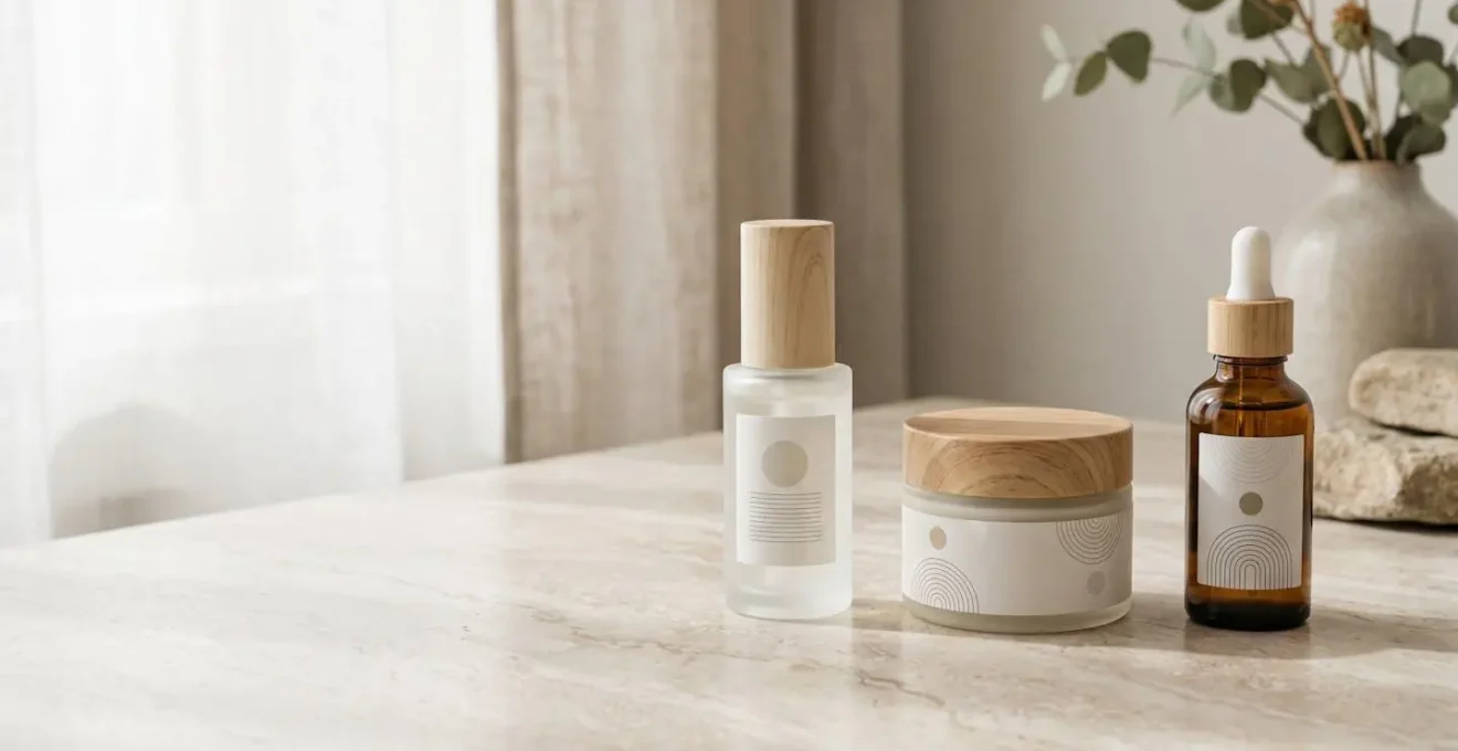 Composition minimaliste de trois produits de soin essentiels sur fond neutre avec espace négatif