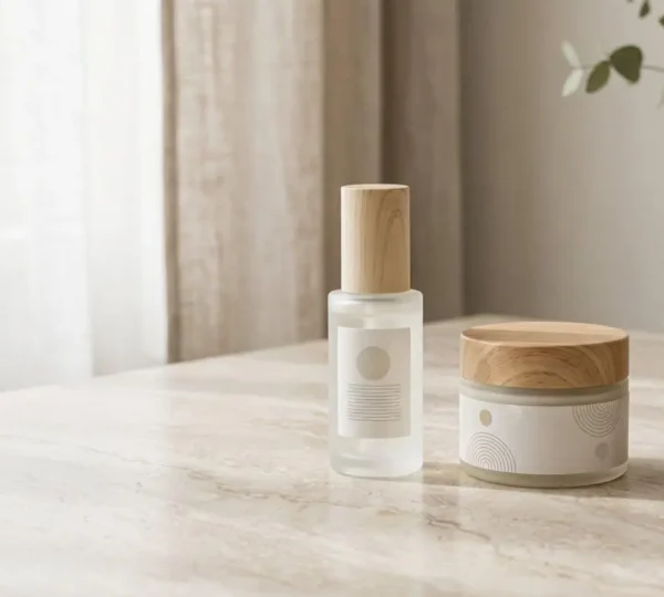 Composition minimaliste de trois produits de soin essentiels sur fond neutre avec espace négatif