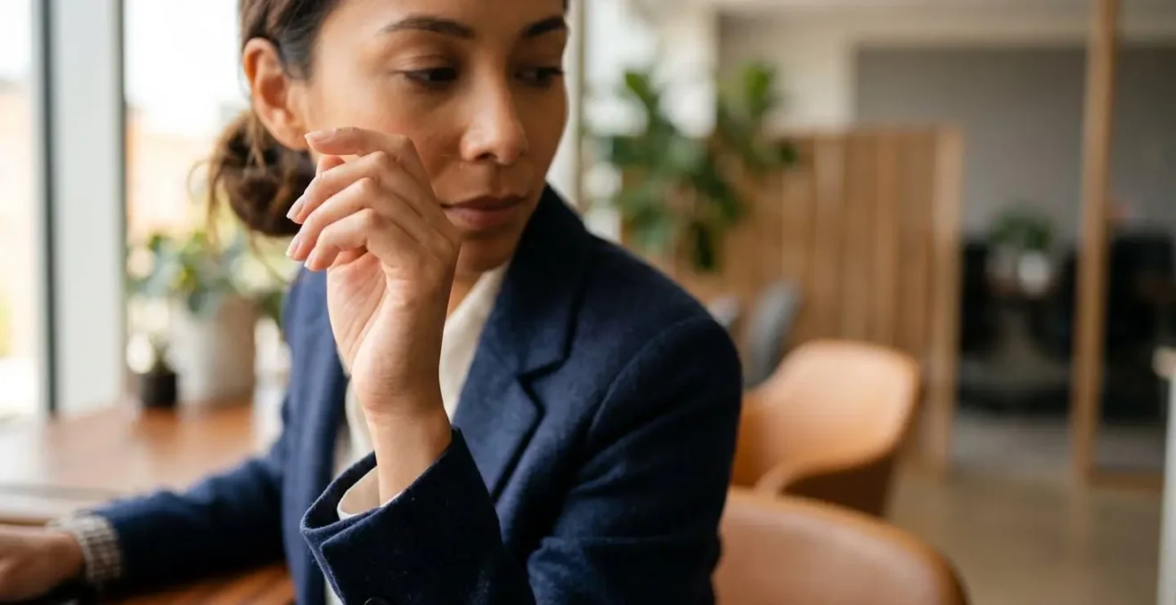 Gros plan sur une main effectuant un geste discret au niveau du nez en contexte professionnel
