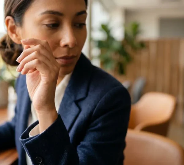 Gros plan sur une main effectuant un geste discret au niveau du nez en contexte professionnel