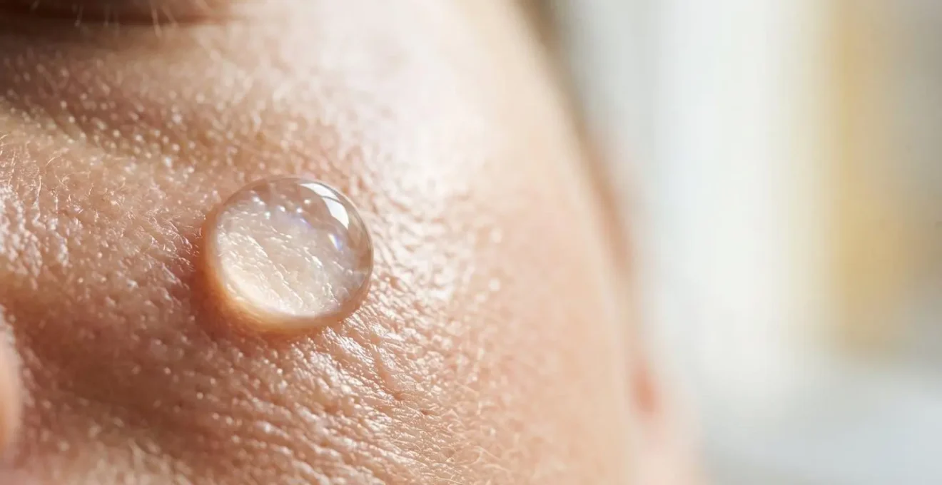 Vue macro d'une goutte d'acide hyaluronique sur une peau lumineuse et hydratée