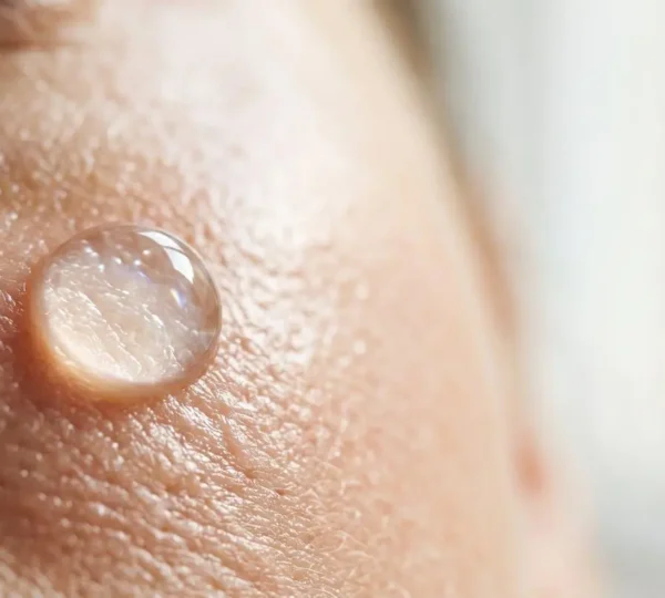 Vue macro d'une goutte d'acide hyaluronique sur une peau lumineuse et hydratée