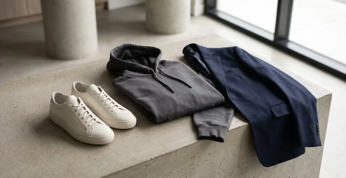 Composition mode mixant sneakers minimalistes, hoodie premium et veste de costume posés sur surface épurée avec jeux d'ombres