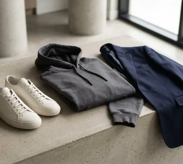 Composition mode mixant sneakers minimalistes, hoodie premium et veste de costume posés sur surface épurée avec jeux d'ombres