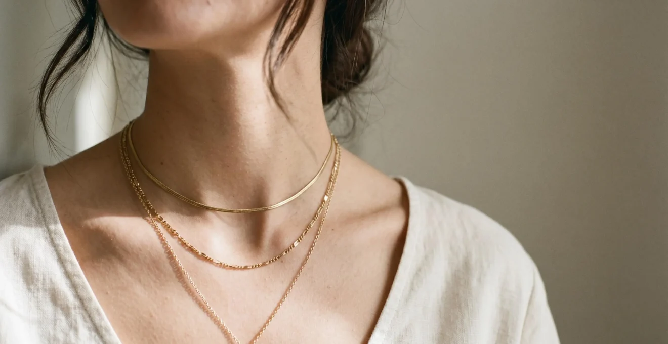 Décolleté féminin élégant portant trois colliers fins en or de longueurs différentes superposés harmonieusement