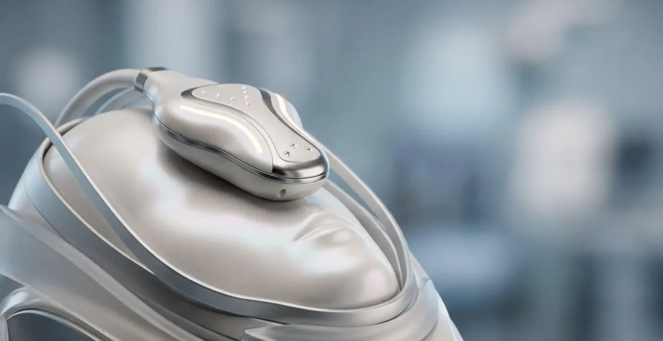 Représentation artistique d'une technologie médicale esthétique moderne pour le rajeunissement du visage sans chirurgie