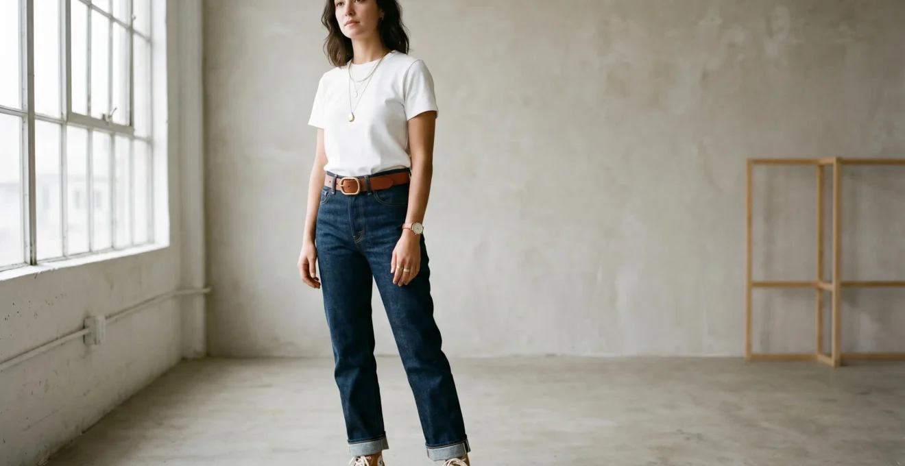 Ensemble jean brut et t-shirt blanc épuré rehaussé par des accessoires élégants, mise en scène minimaliste