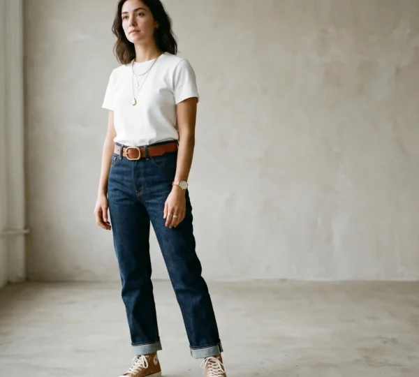 Ensemble jean brut et t-shirt blanc épuré rehaussé par des accessoires élégants, mise en scène minimaliste