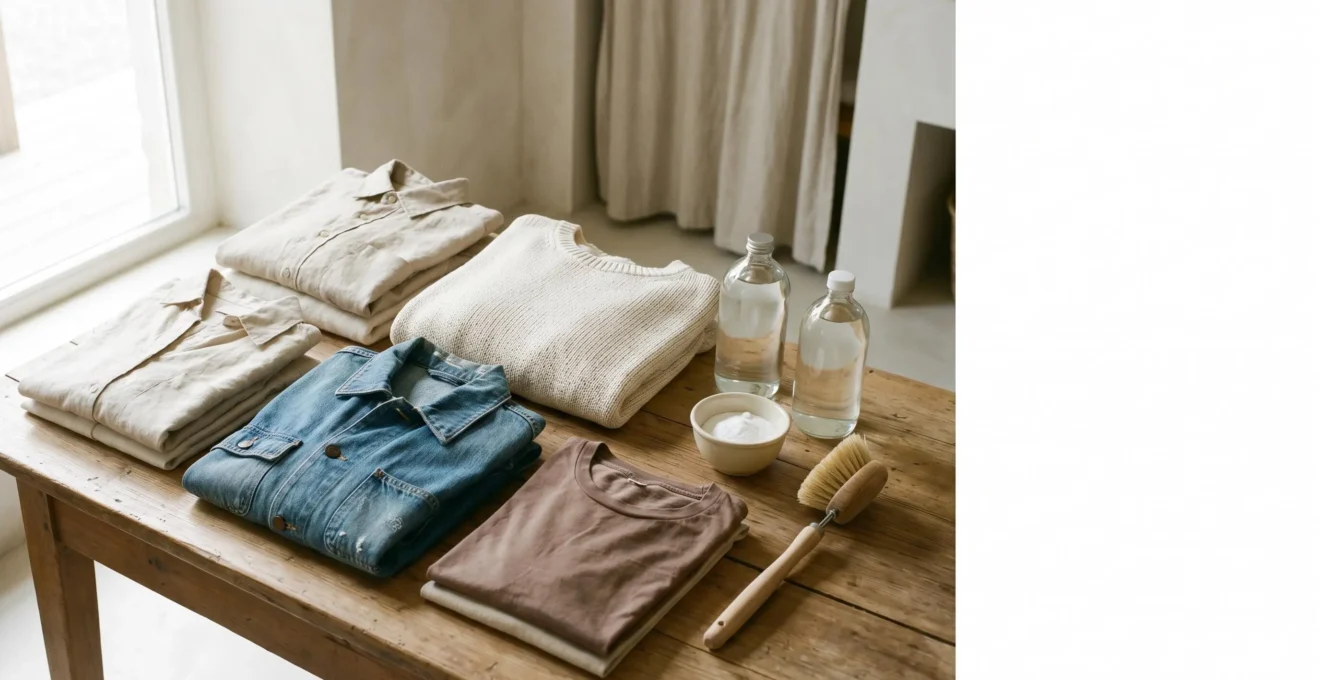 Vêtements vintage en coton étalés sur une surface lumineuse avec accessoires de nettoyage naturels