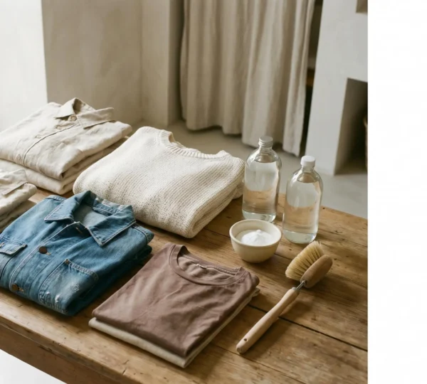 Vêtements vintage en coton étalés sur une surface lumineuse avec accessoires de nettoyage naturels