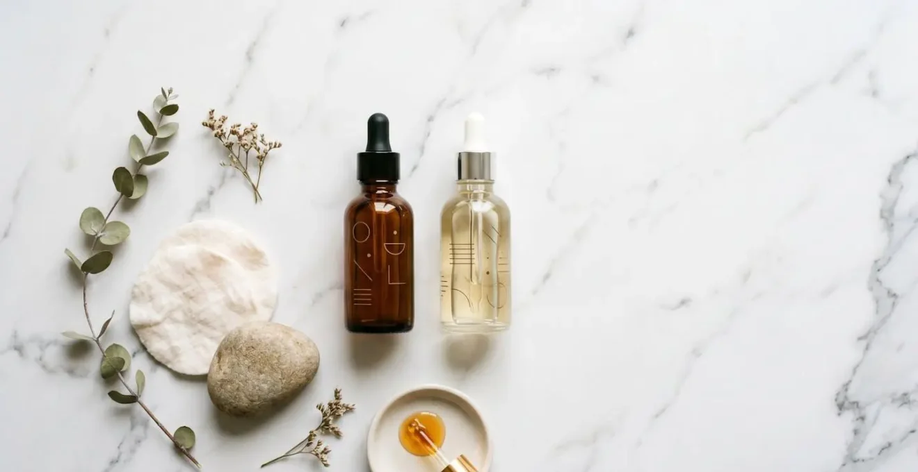 Composition minimaliste de produits de soin pour le visage illustrant une routine beauté équilibrée avec vitamine C et rétinol
